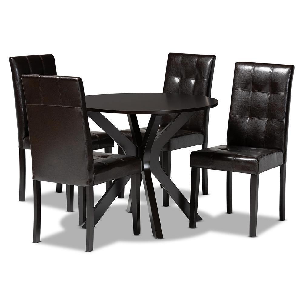 Marie Modern and Contemporary Dark Brown Faux Leather Upholstered and Dark brown Finished Wood 5-Piece Dining Set FredCo