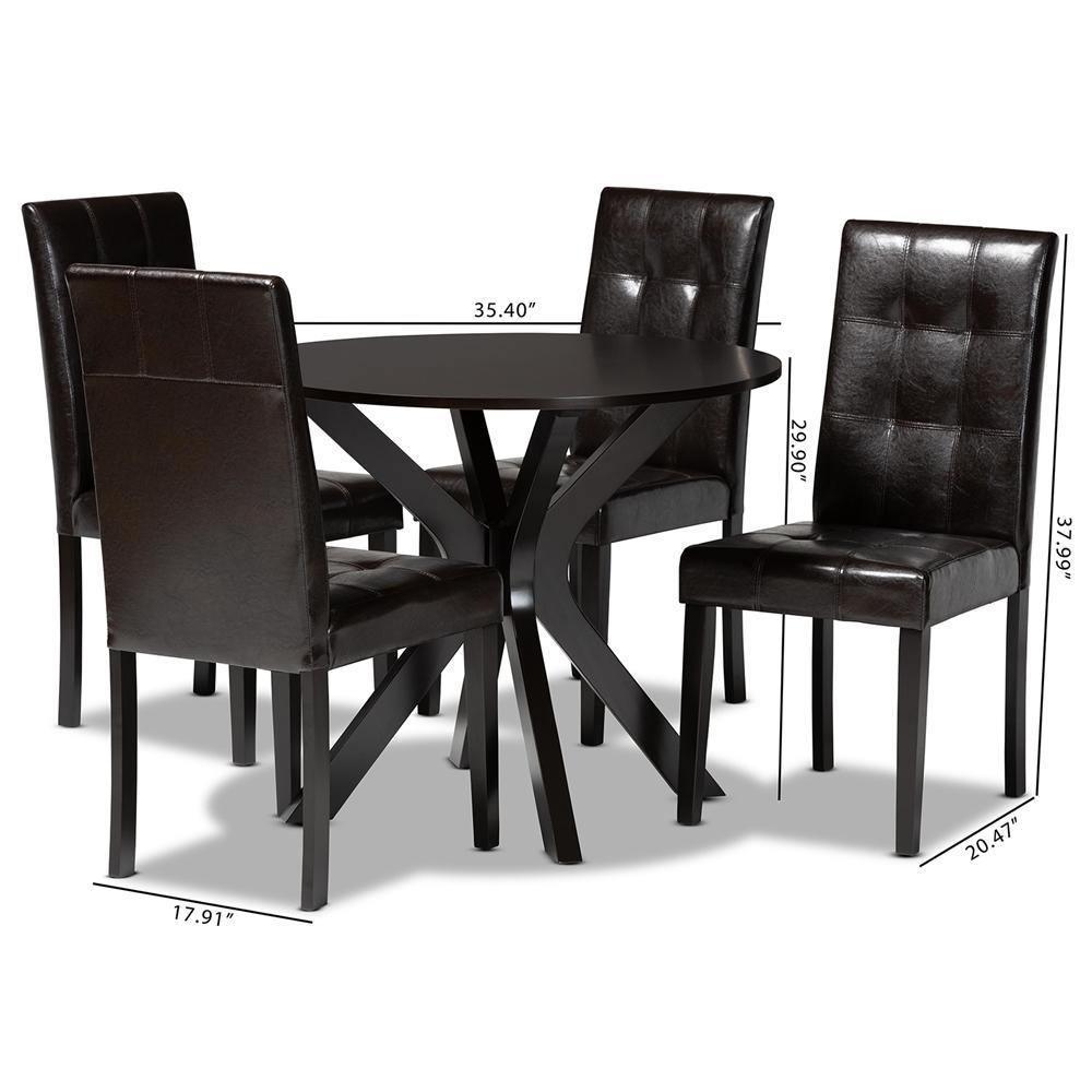 Marie Modern and Contemporary Dark Brown Faux Leather Upholstered and Dark brown Finished Wood 5-Piece Dining Set FredCo
