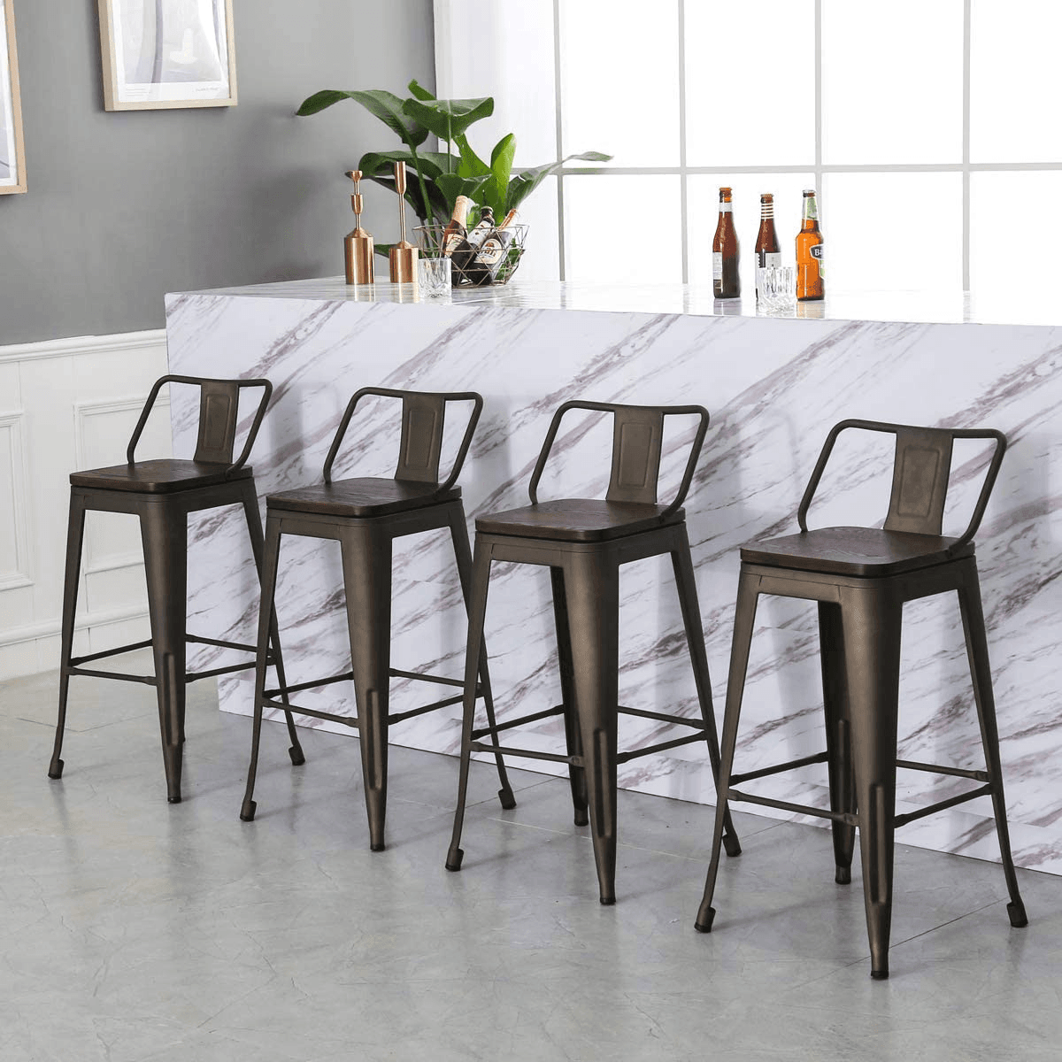 Metal Bar Stools with Back Set of 4 Kitchen Counter Height Stools with Wooden Seat 26" Rusty FredCo