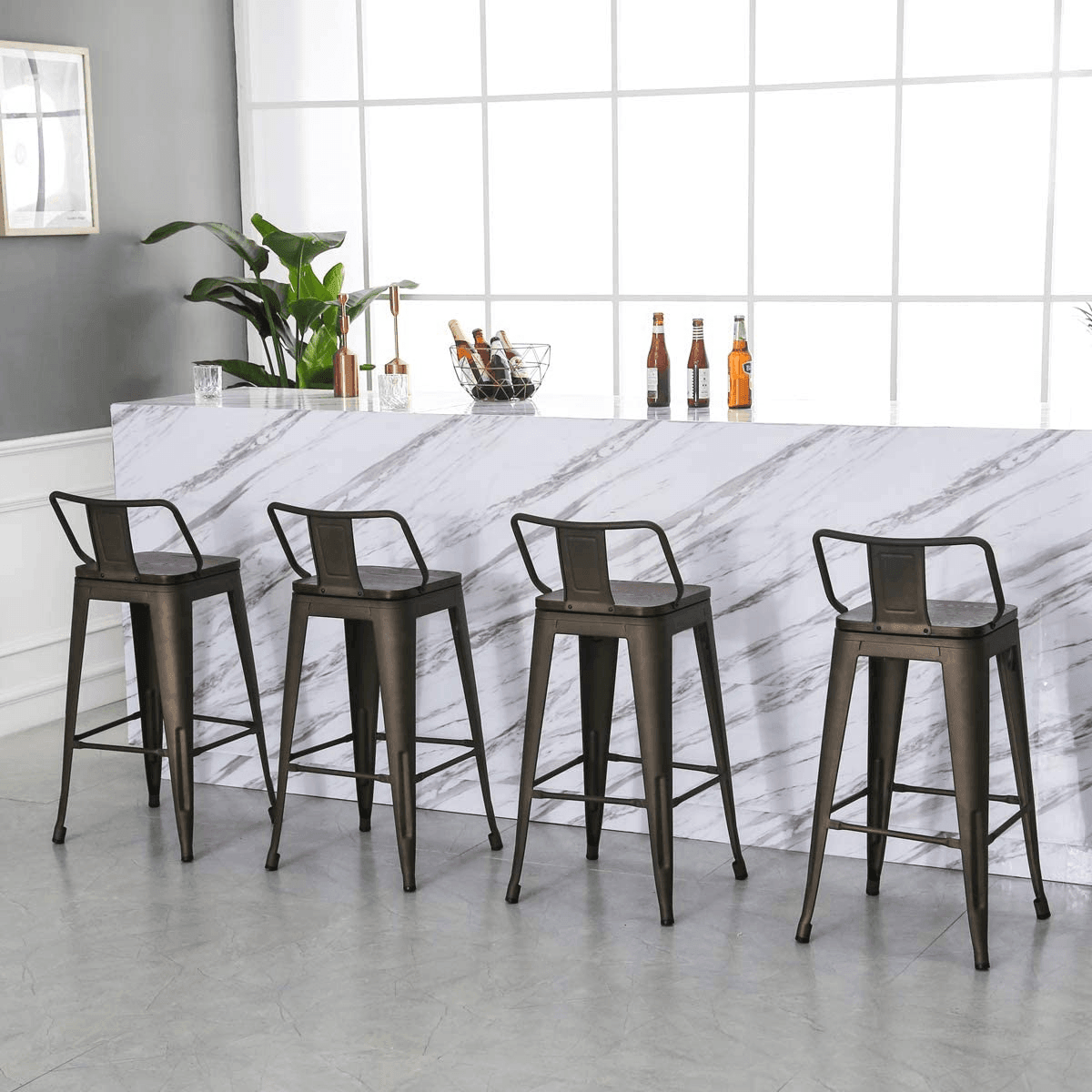 Metal Bar Stools with Back Set of 4 Kitchen Counter Height Stools with Wooden Seat 26" Rusty FredCo