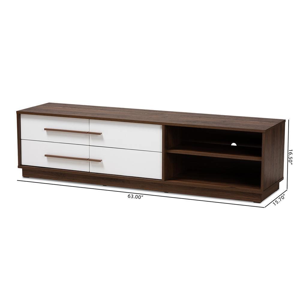 Mette Mid-Century Modern Two-Tone White and Walnut Finished 4-Drawer Wood TV Stand FredCo