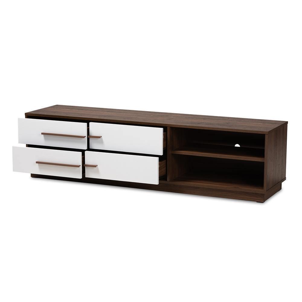 Mette Mid-Century Modern Two-Tone White and Walnut Finished 4-Drawer Wood TV Stand FredCo