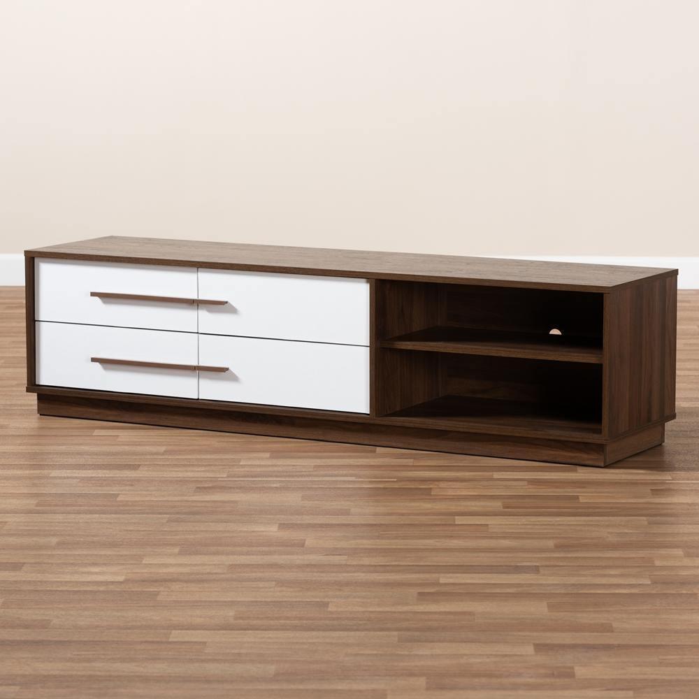 Mette Mid-Century Modern Two-Tone White and Walnut Finished 4-Drawer Wood TV Stand FredCo