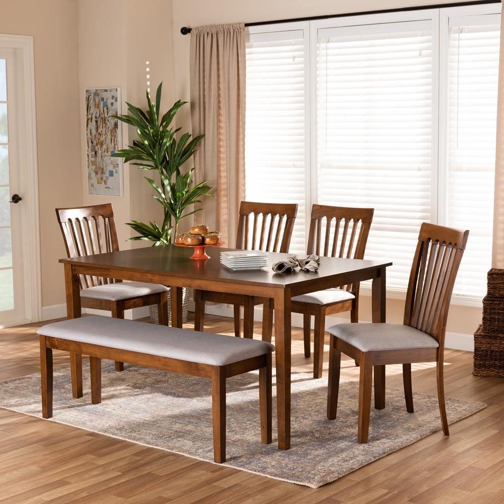 Minette Modern and Contemporary Grey Fabric Upholstered and Walnut Brown Finished Wood 6-Piece Dining Set FredCo