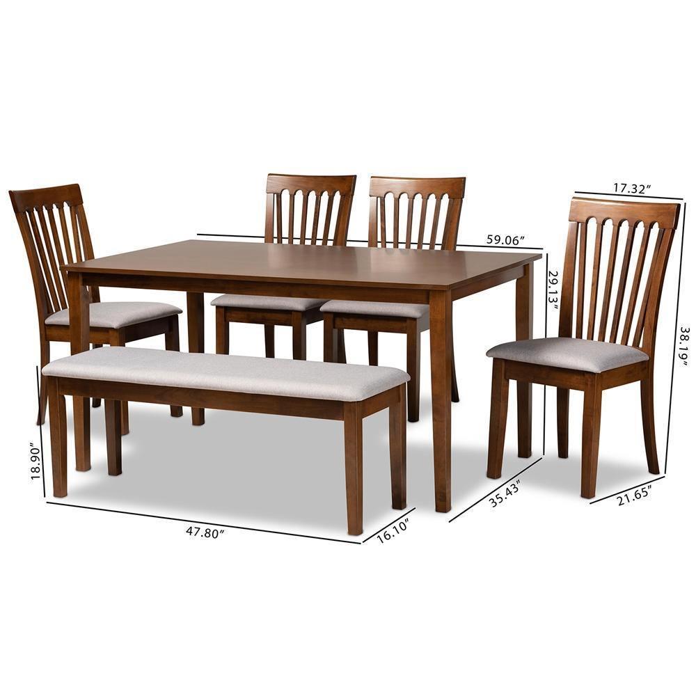 Minette Modern and Contemporary Grey Fabric Upholstered and Walnut Brown Finished Wood 6-Piece Dining Set FredCo