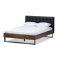 Mitchell Rustic Industrial Walnut Wood Black Faux Leather Dark Bronze Metal King Size Platform Bed FredCo