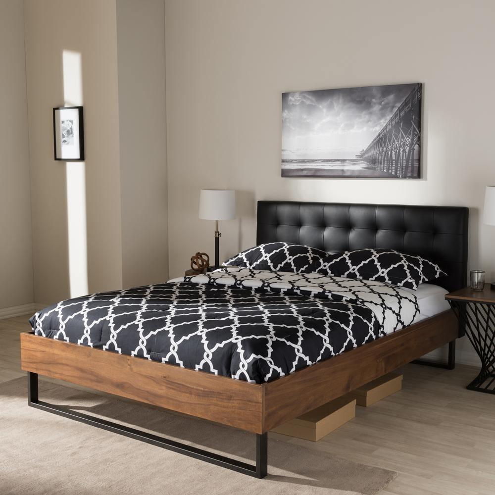 Mitchell Rustic Industrial Walnut Wood Black Faux Leather Dark Bronze Metal King Size Platform Bed FredCo