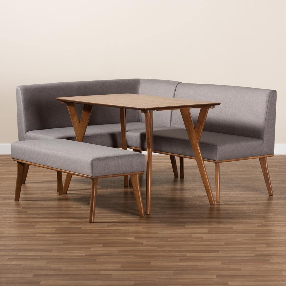 Odessa Mid-Century Modern Grey Fabric Upholstered and Walnut Brown Finished Wood 4-Piece Dining Nook Set FredCo