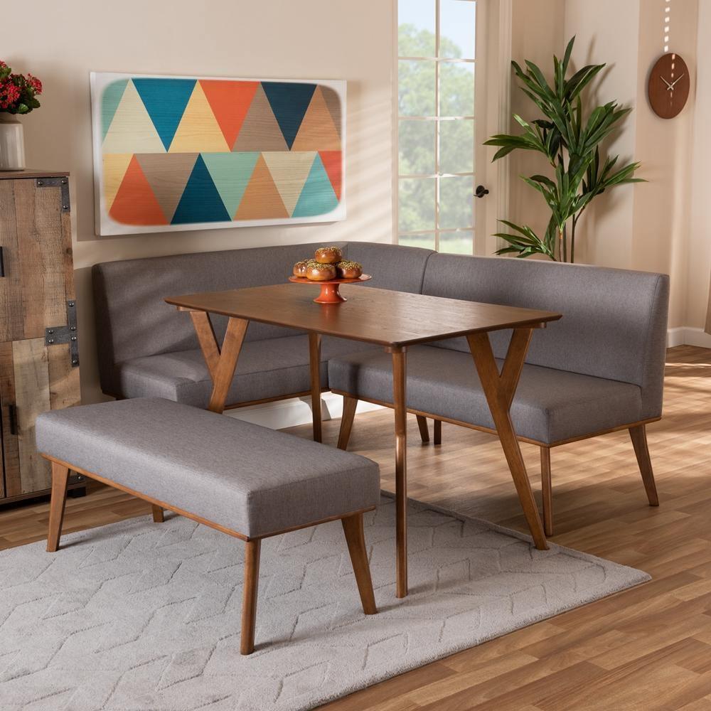 Odessa Mid-Century Modern Grey Fabric Upholstered and Walnut Brown Finished Wood 4-Piece Dining Nook Set FredCo