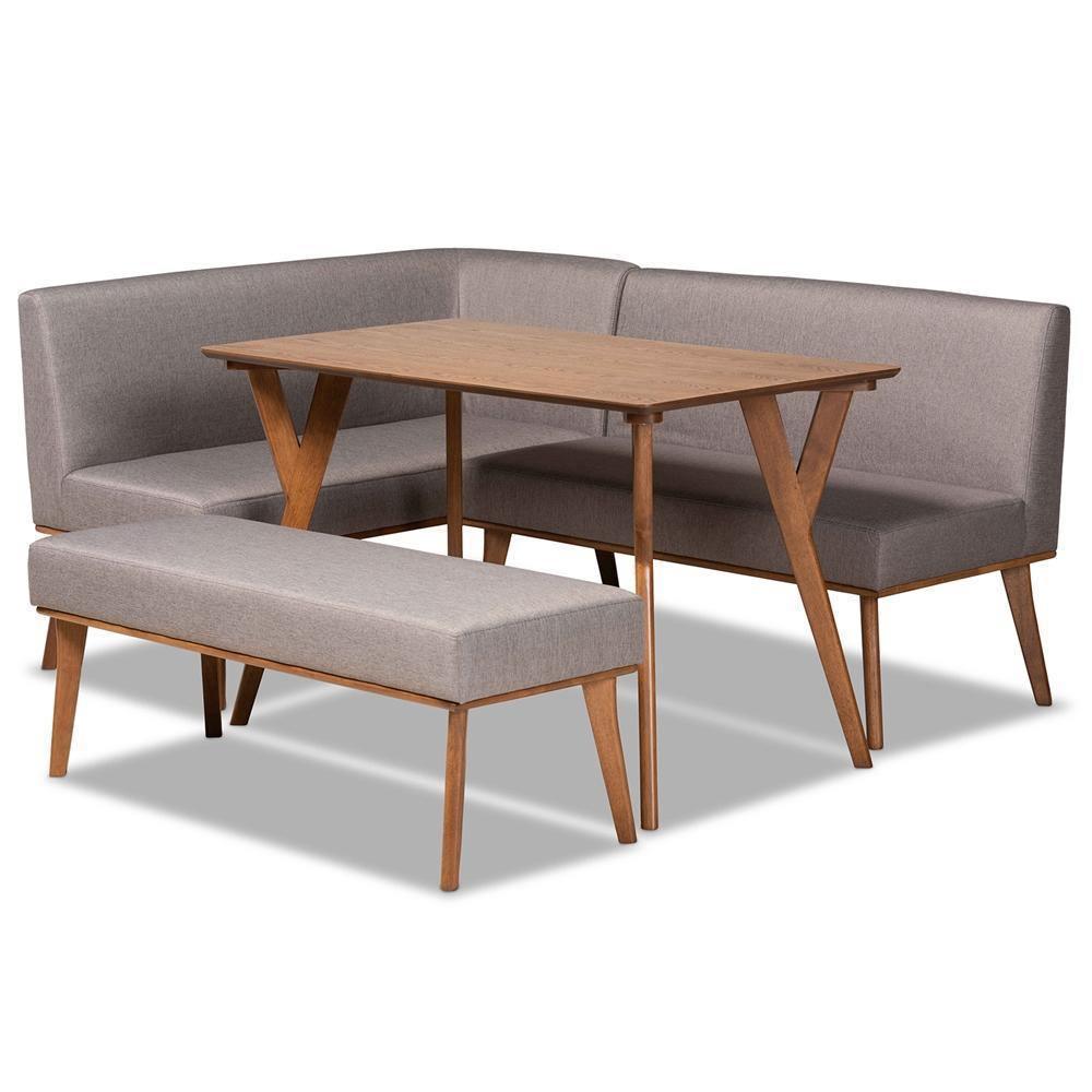 Odessa Mid-Century Modern Grey Fabric Upholstered and Walnut Brown Finished Wood 4-Piece Dining Nook Set FredCo