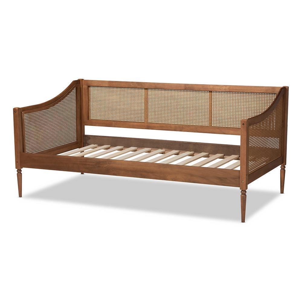 Ogden Mid-Century Modern Walnut Brown Finished Wood and Synthetic Rattan  Twin Size Daybed