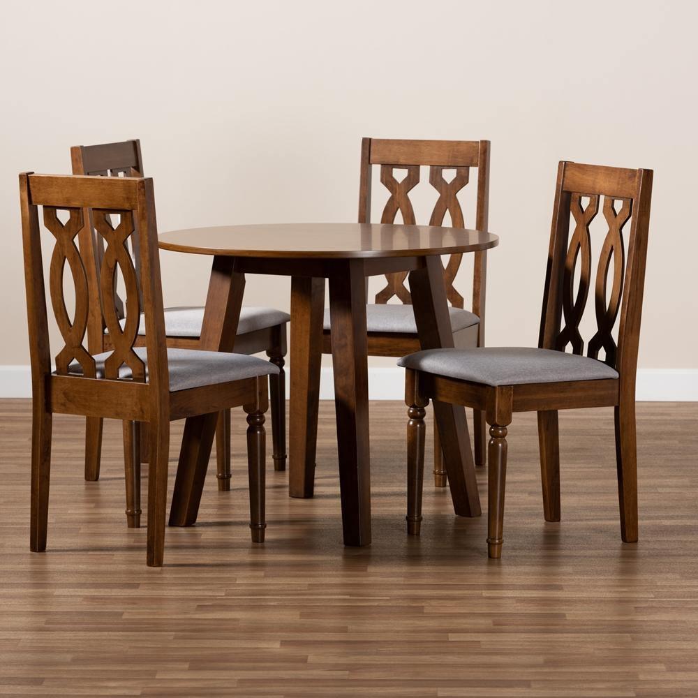 Pia Modern and Contemporary Grey Fabric Upholstered and Walnut Brown Finished Wood 5-Piece Dining Set FredCo