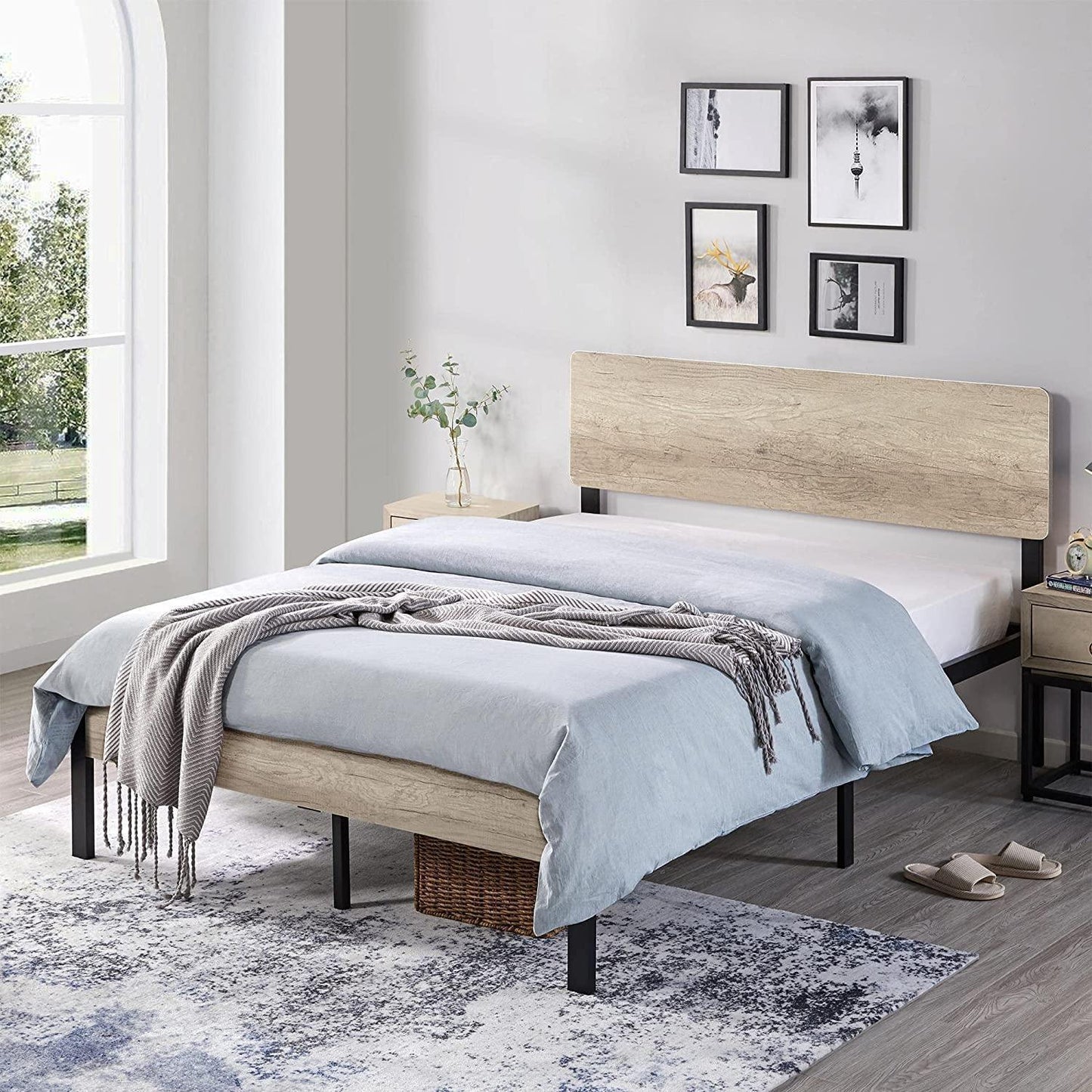 Queen Metal Platform Bed Frame with Wood Headboard No Box Spring Needed Gray FredCo