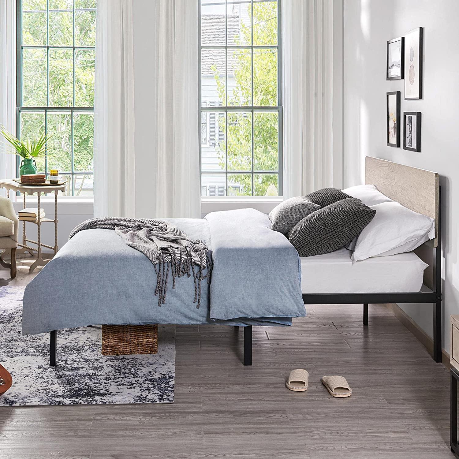 Queen Metal Platform Bed Frame with Wood Headboard No Box Spring Needed Gray FredCo