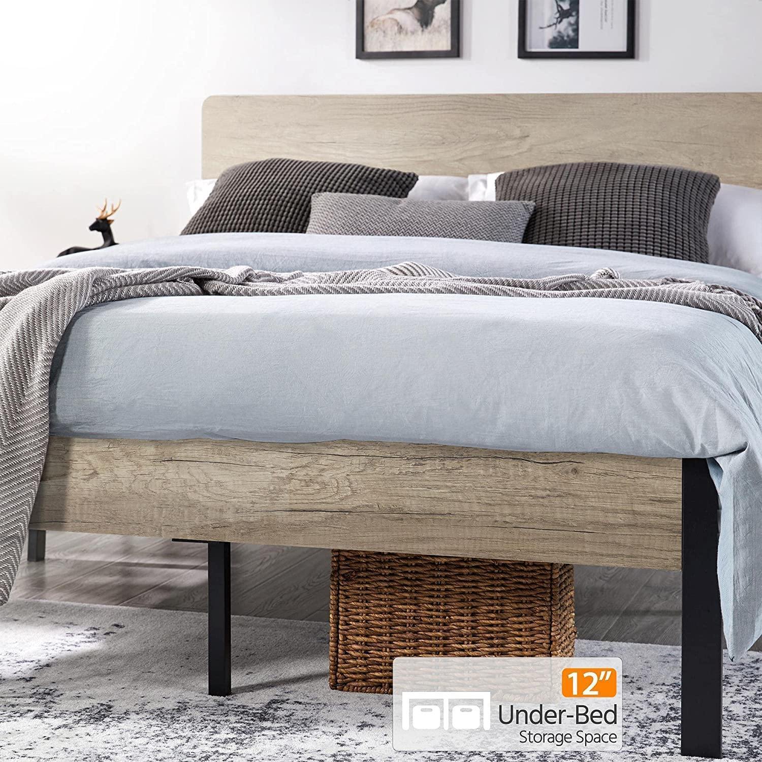 Queen Metal Platform Bed Frame with Wood Headboard No Box Spring Needed Gray FredCo