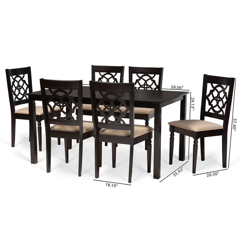 Renaud Modern and Contemporary Sand Fabric Upholstered and Dark Brown Finished Wood 7-Piece Dining Set FredCo