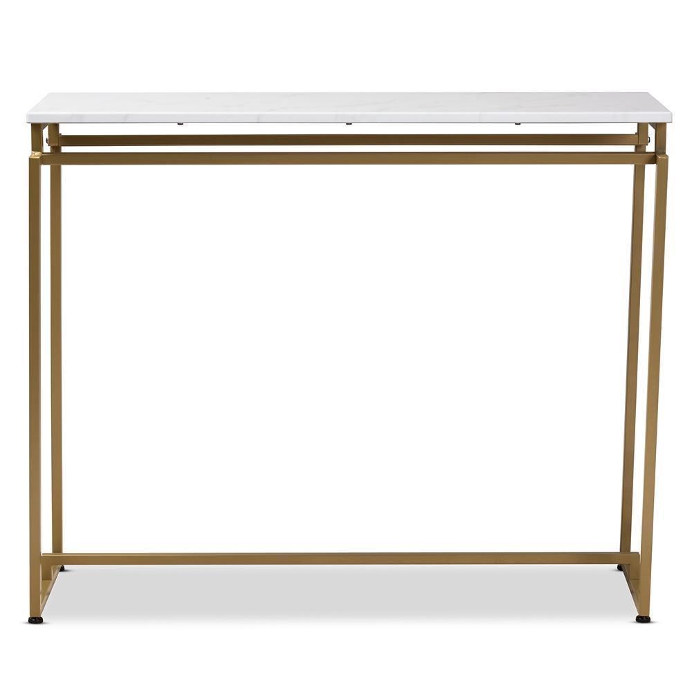 Renzo Modern and Contemporary Brushed Gold Finished Metal Console Table with Faux Marble Tabletop FredCo