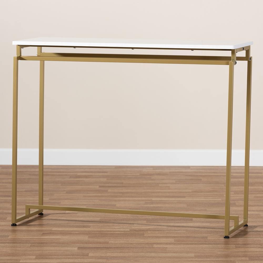 Renzo Modern and Contemporary Brushed Gold Finished Metal Console Table with Faux Marble Tabletop FredCo