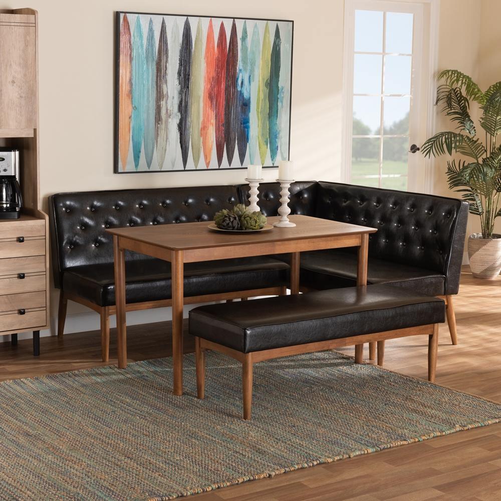 Riordan Mid-Century Modern Dark Brown Faux Leather Upholstered and Walnut Brown Finished Wood 4-Piece Dining Nook Set FredCo