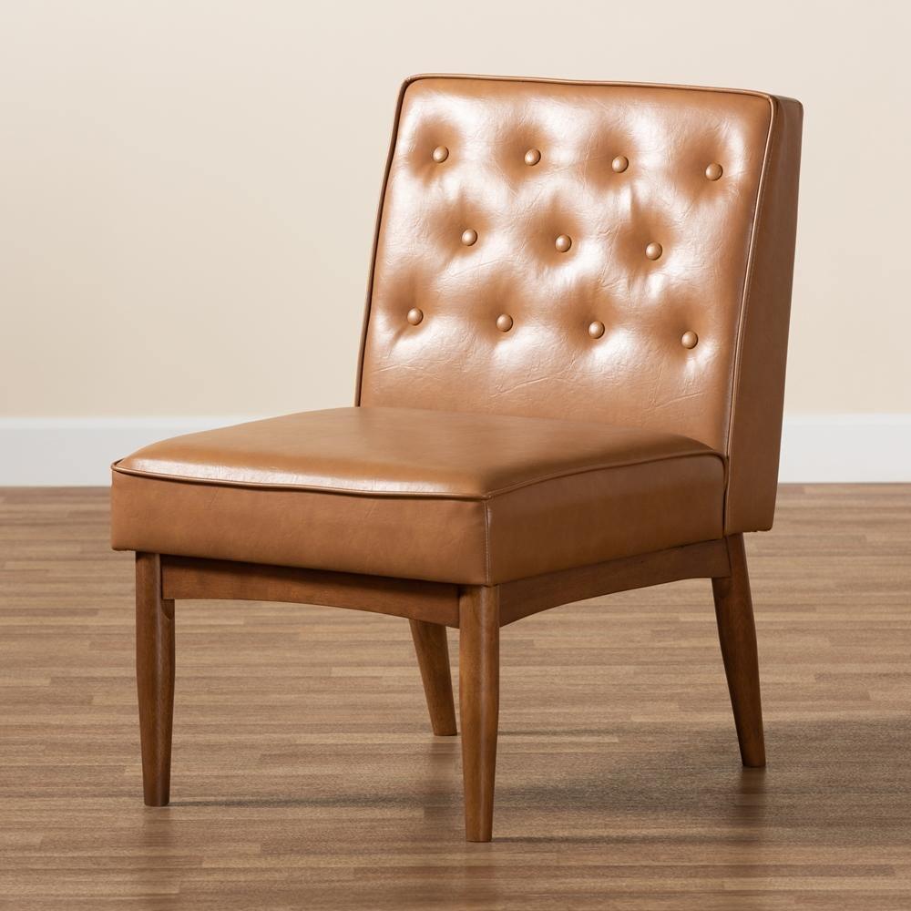 Riordan Mid-Century Modern Tan Faux Leather Upholstered and Walnut Brown Finished Wood Dining Chair FredCo