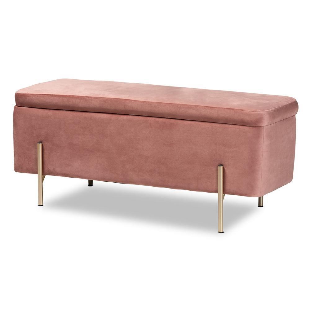 Rockwell Contemporary Glam and Luxe Blush Pink Velvet Fabric Upholstered and Gold Finished Metal Storage Bench FredCo