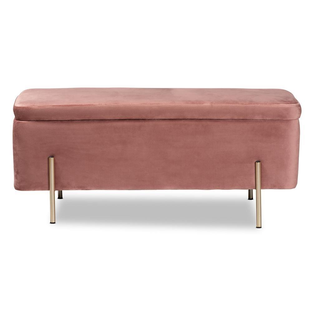 Rockwell Contemporary Glam and Luxe Blush Pink Velvet Fabric Upholstered and Gold Finished Metal Storage Bench FredCo