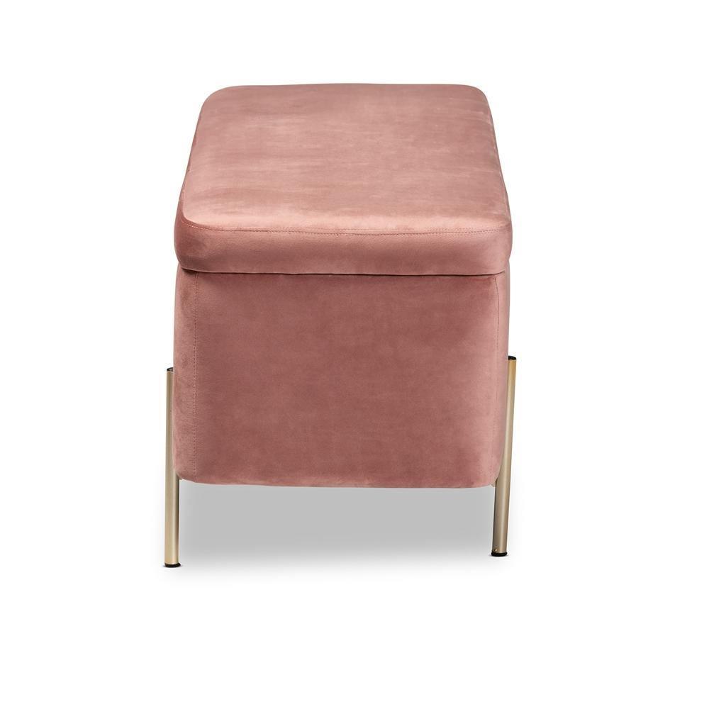 Rockwell Contemporary Glam and Luxe Blush Pink Velvet Fabric Upholstered and Gold Finished Metal Storage Bench FredCo