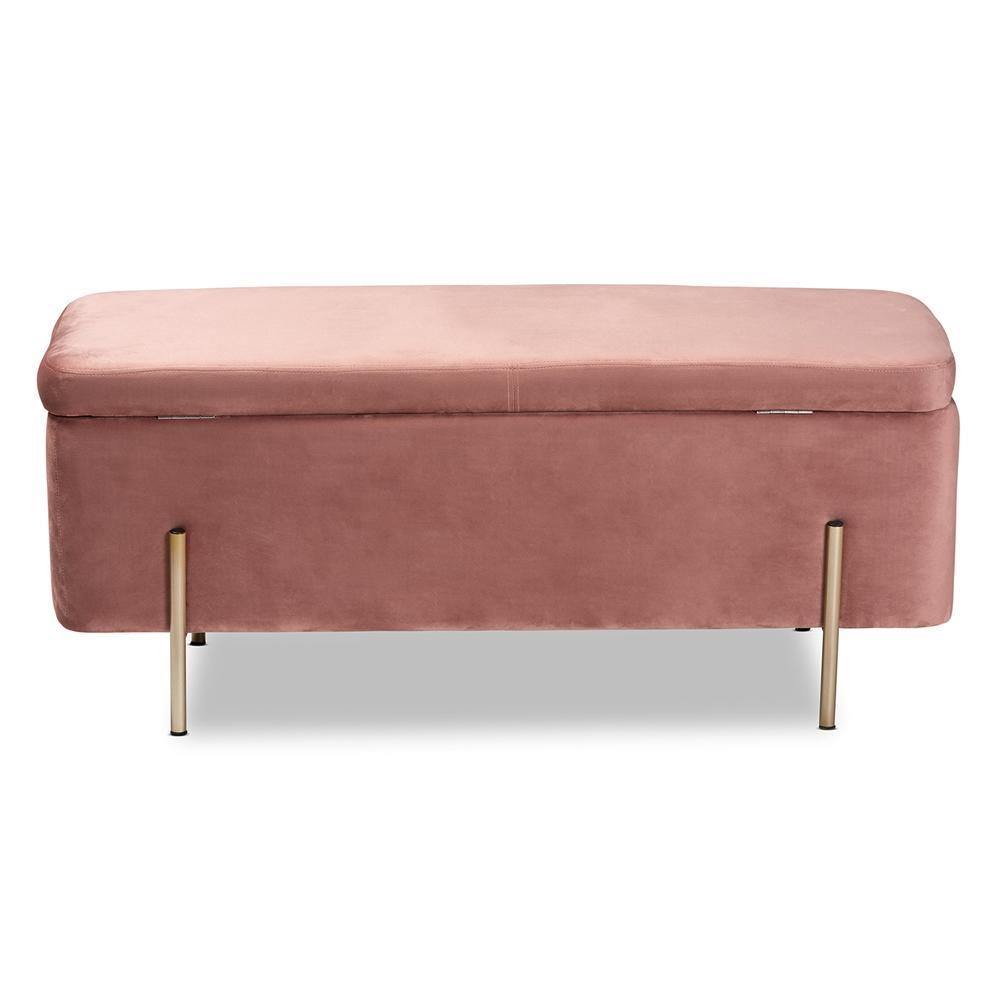 Rockwell Contemporary Glam and Luxe Blush Pink Velvet Fabric Upholstered and Gold Finished Metal Storage Bench FredCo