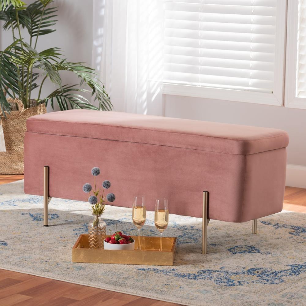 Rockwell Contemporary Glam and Luxe Blush Pink Velvet Fabric Upholstered and Gold Finished Metal Storage Bench FredCo