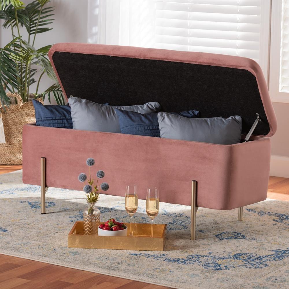 Rockwell Contemporary Glam and Luxe Blush Pink Velvet Fabric Upholstered and Gold Finished Metal Storage Bench FredCo