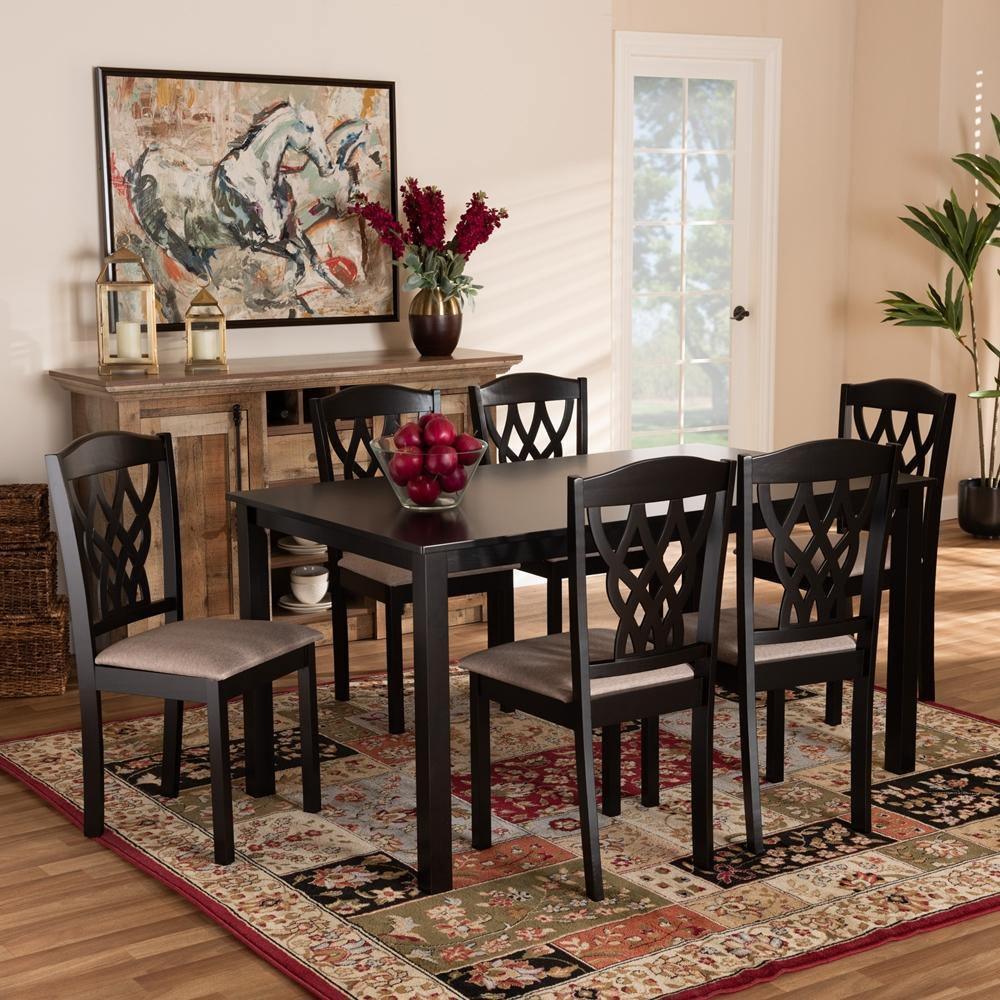 Salem Modern and Contemporary Sand Fabric Upholstered and Dark Brown Finished Wood 7-Piece Dining Set FredCo