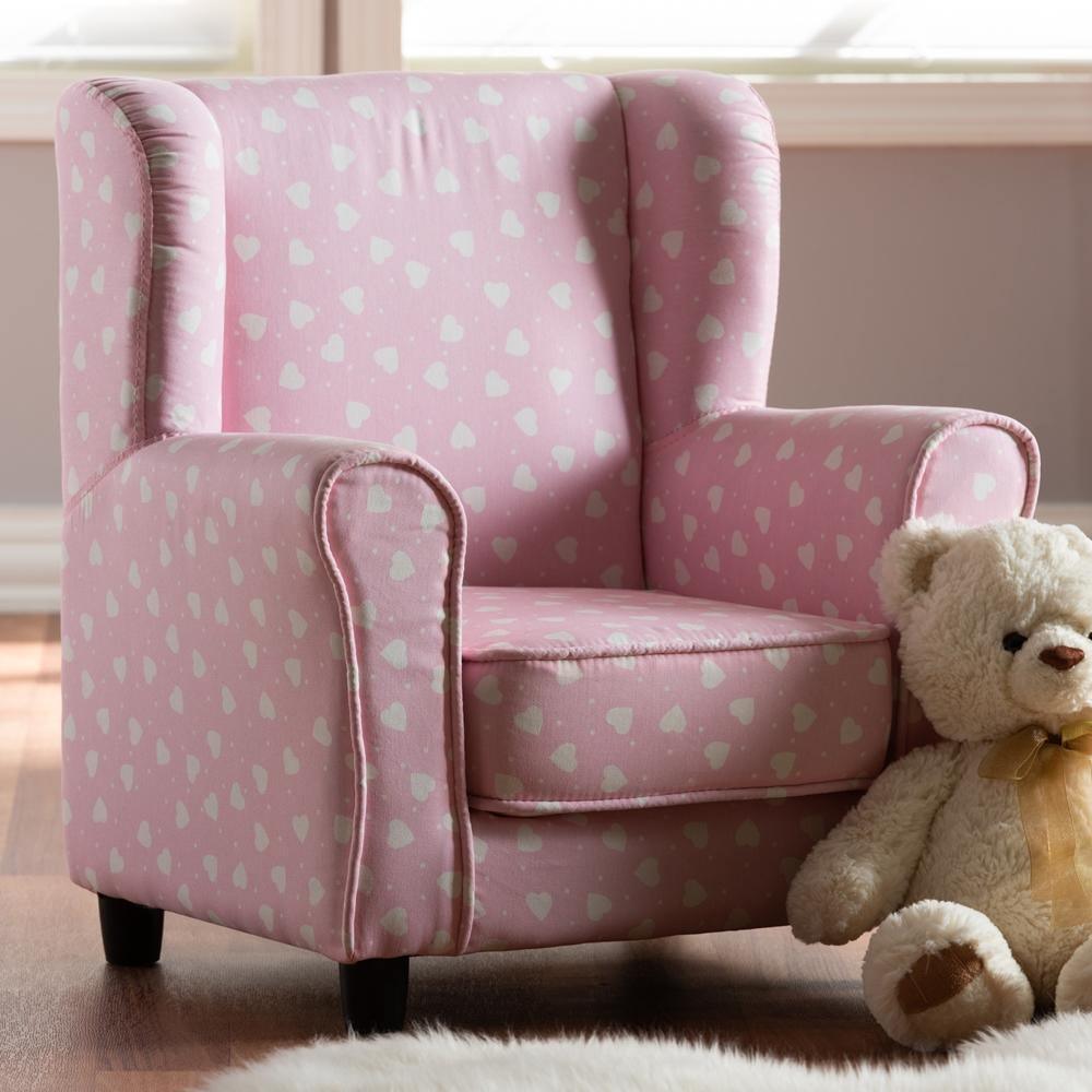 Selina Modern and Contemporary Pink and White Heart Patterned Fabric Upholstered Kids Armchair FredCo