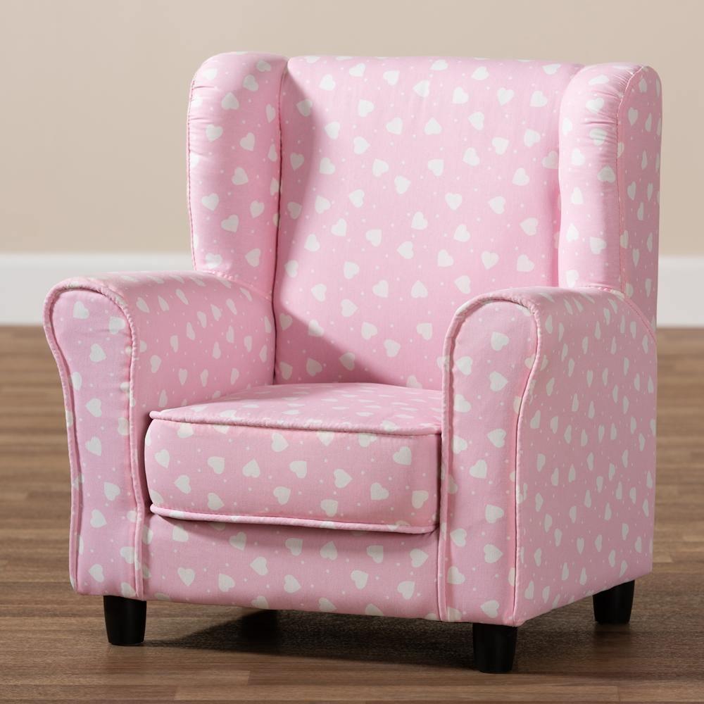 Selina Modern and Contemporary Pink and White Heart Patterned Fabric Upholstered Kids Armchair FredCo