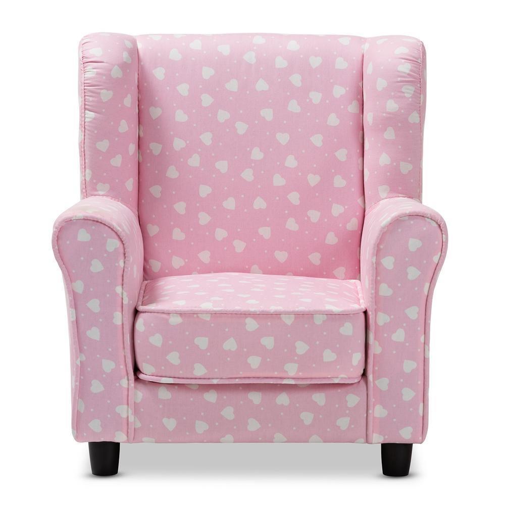 Selina Modern and Contemporary Pink and White Heart Patterned Fabric Upholstered Kids Armchair FredCo