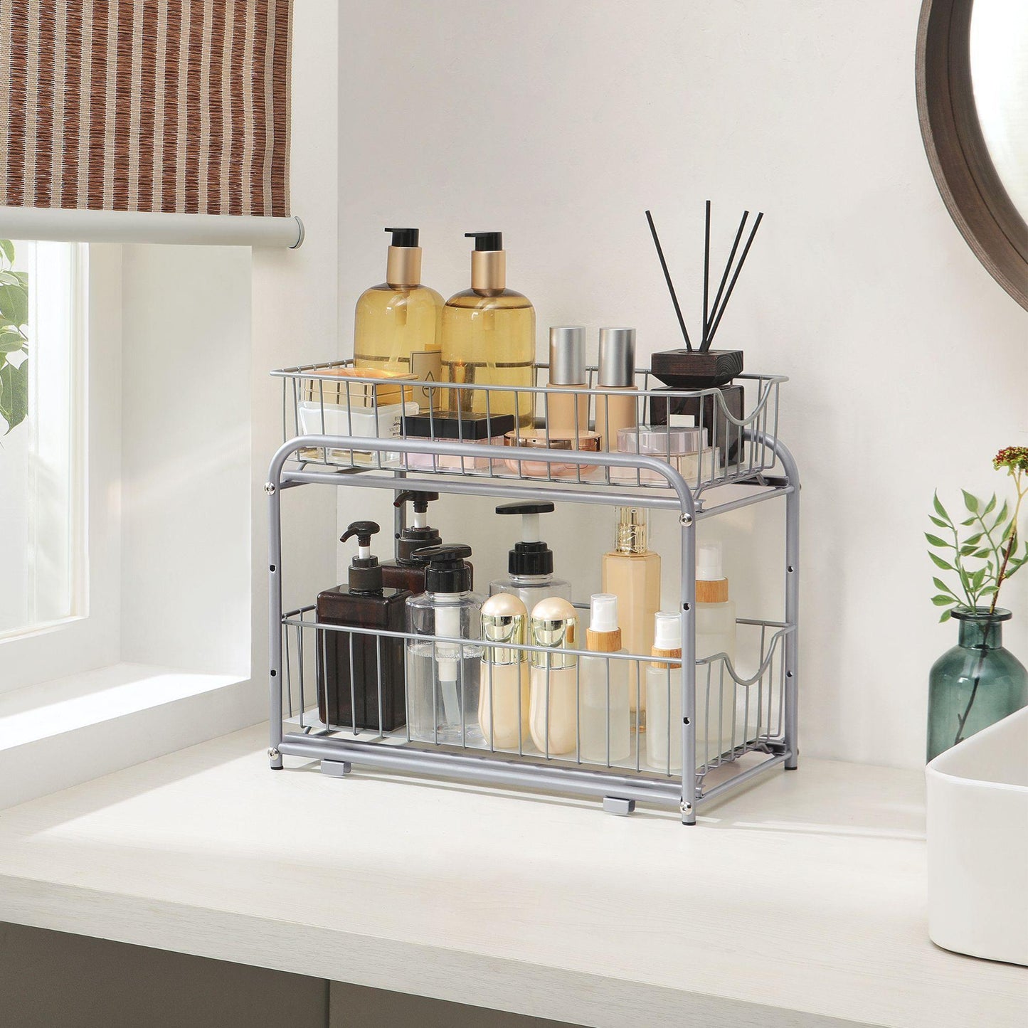 Silver 2-Tier Pull Out Sliding Cabinet Organizer FredCo