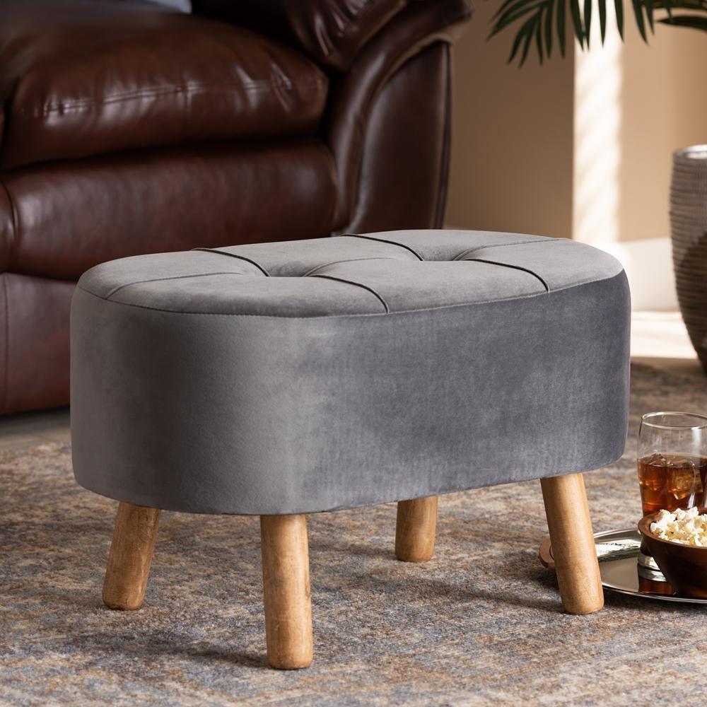 Simone Mid-Century Modern Grey Velvet Fabric Upholstered Wood Ottoman FredCo