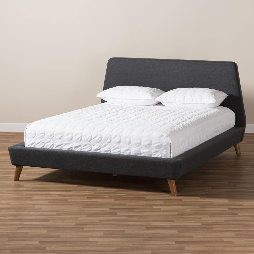 Sinclaire Modern and Contemporary Dark Grey Fabric Upholstered Walnut-Finished Queen Sized Platform Bed FredCo