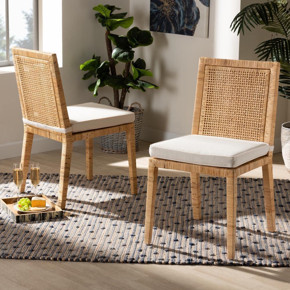 Sofia Modern and Contemporary Natural Finished Wood and Rattan 2-Piece Dining Chair Set FredCo