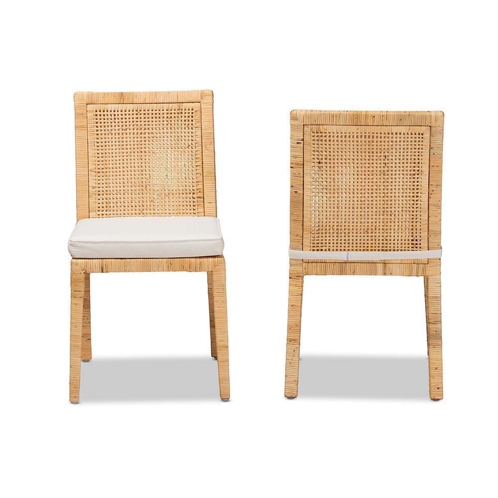 Sofia Modern and Contemporary Natural Finished Wood and Rattan 2-Piece Dining Chair Set FredCo