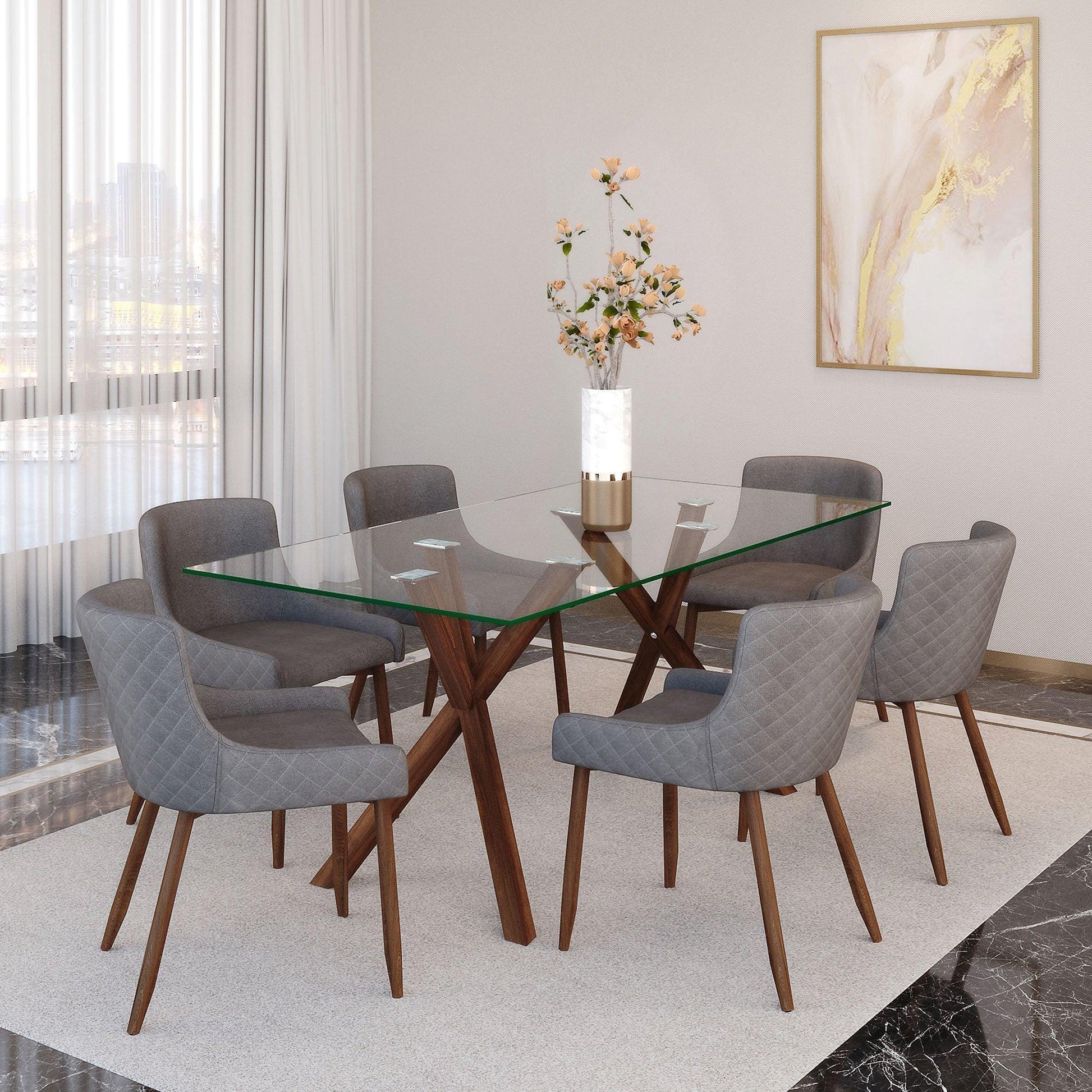 STARK/BIANCA 7PC DINING SET WALNUT TABLE/WALNUT & GREY CHAIR FredCo