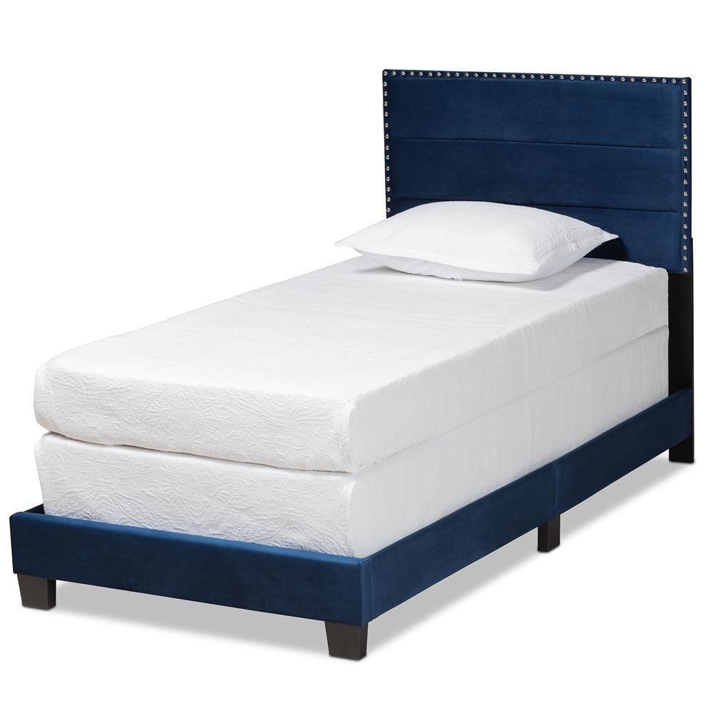 Tamira Modern and Contemporary Glam Navy Blue Velvet Fabric Upholstered Twin Size Panel Bed FredCo