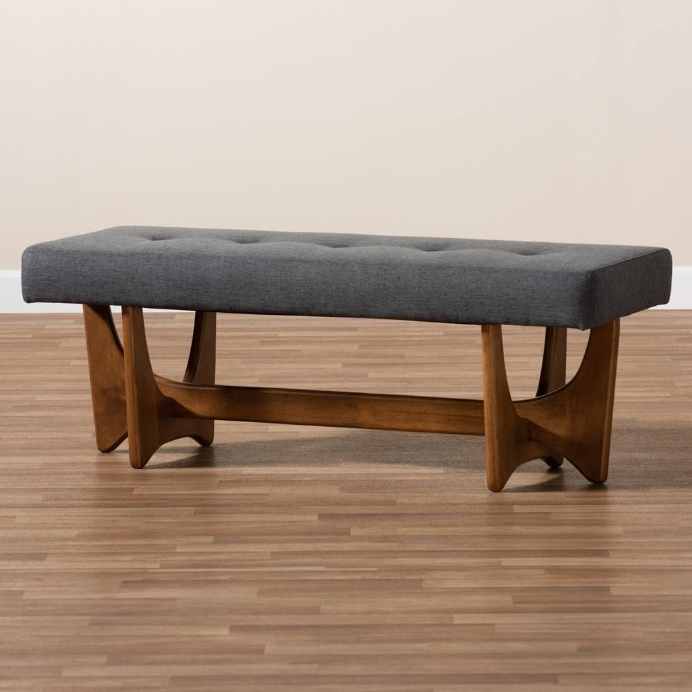 Theo Mid-Century Modern Dark Grey Fabric Upholstered Walnut Finished Bench FredCo