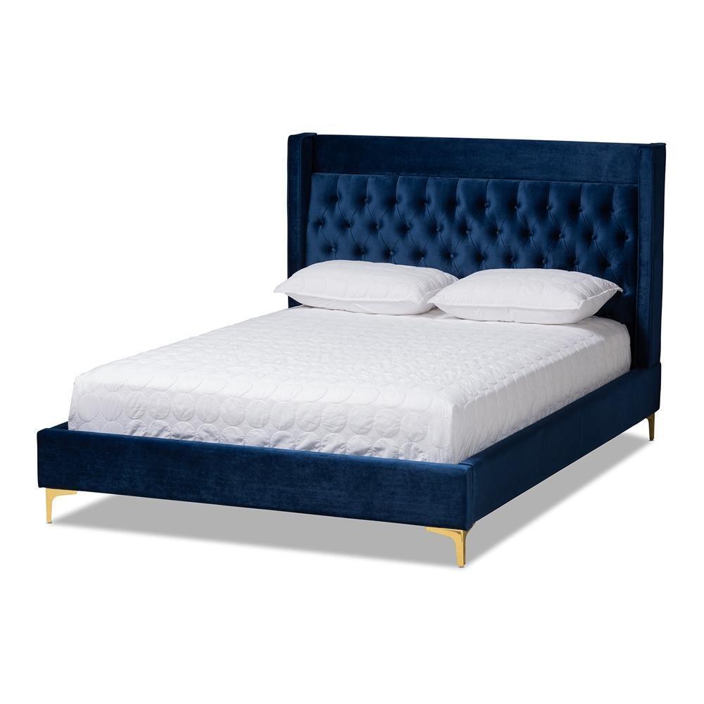 Valery Modern and Contemporary Navy Blue Velvet Fabric Upholstered King Size Platform Bed with Gold-Finished Legs FredCo