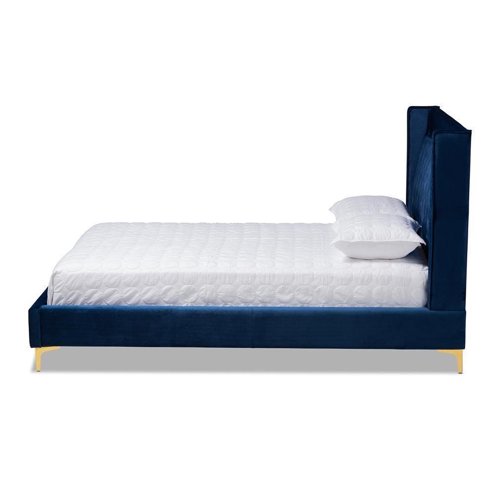 Valery Modern and Contemporary Navy Blue Velvet Fabric Upholstered King Size Platform Bed with Gold-Finished Legs FredCo