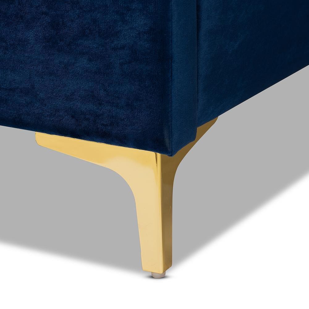 Valery Modern and Contemporary Navy Blue Velvet Fabric Upholstered King Size Platform Bed with Gold-Finished Legs FredCo