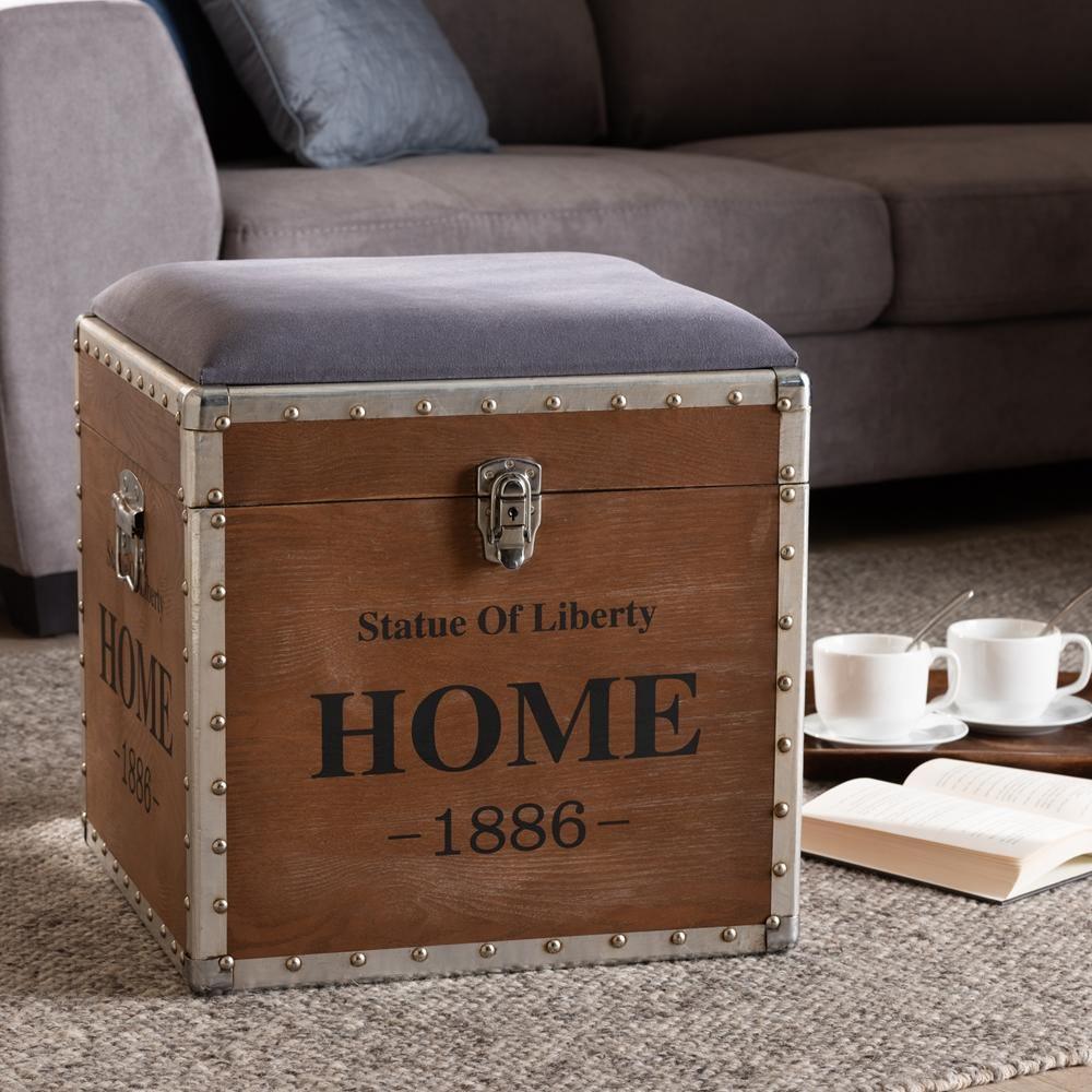 Violetta Vintage Industrial Light Gray Fabric Upholstered Wood Storage Trunk Ottoman FredCo