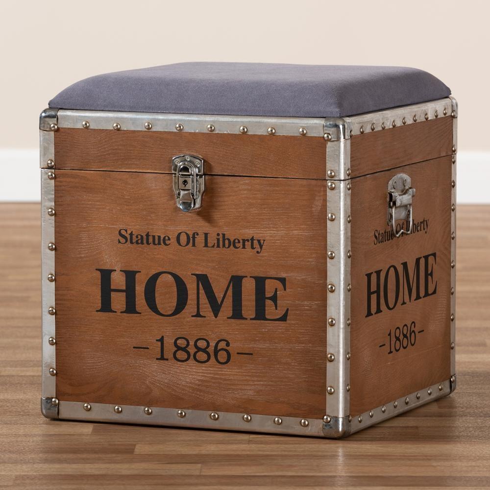 Violetta Vintage Industrial Light Gray Fabric Upholstered Wood Storage Trunk Ottoman FredCo