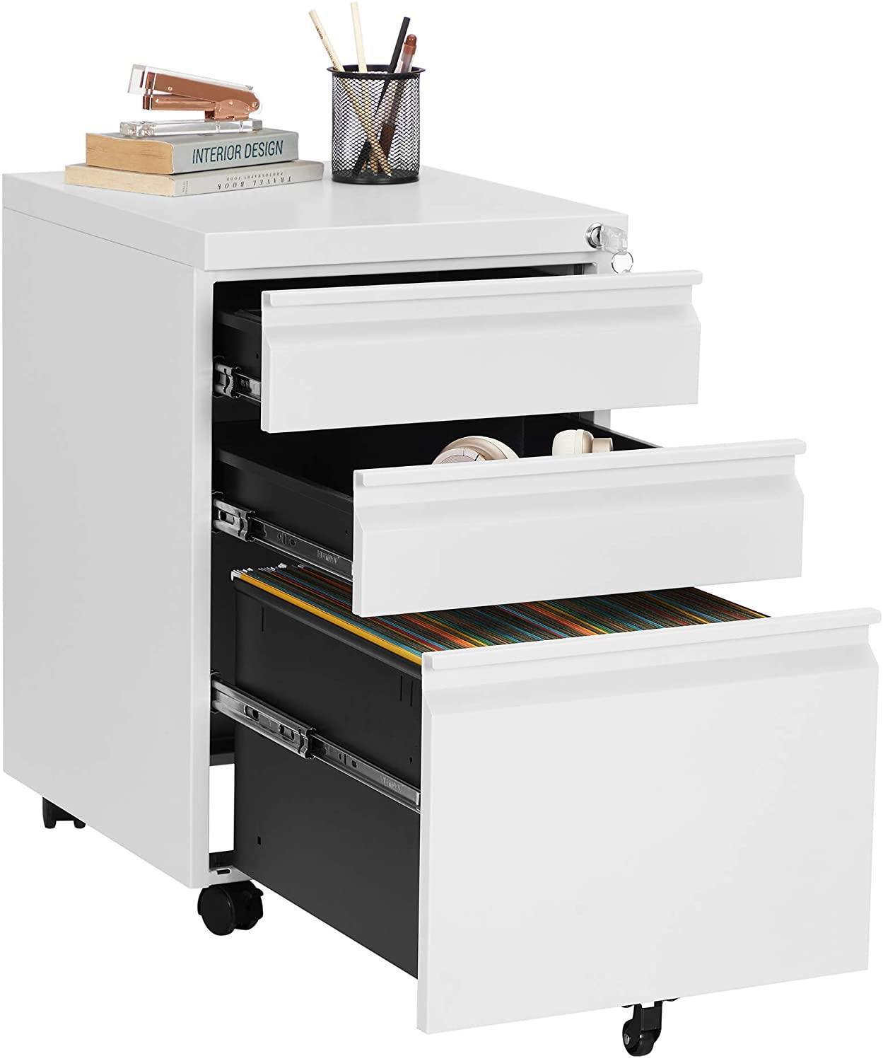 White Mobile Under Desk File Cabinet with Lock FredCo