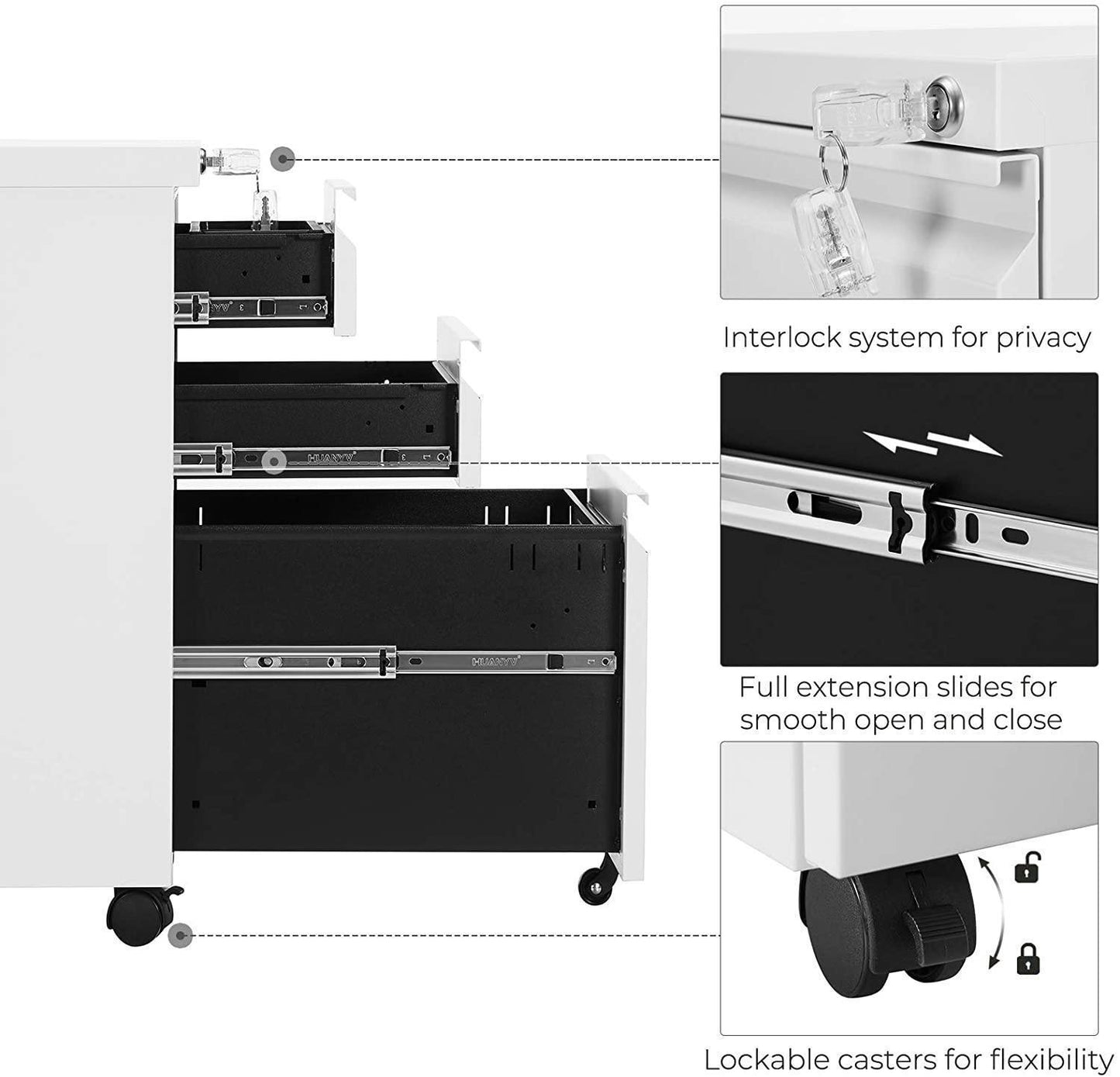 White Mobile Under Desk File Cabinet with Lock FredCo